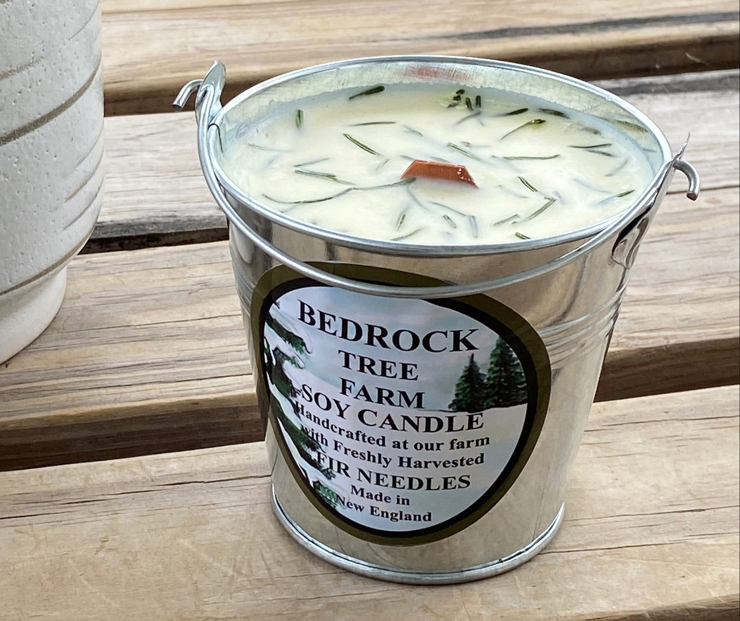 SOY CANDLE Fir Needle Natural Galvanized Pail 12 oz. with Wooden Wick - P12N