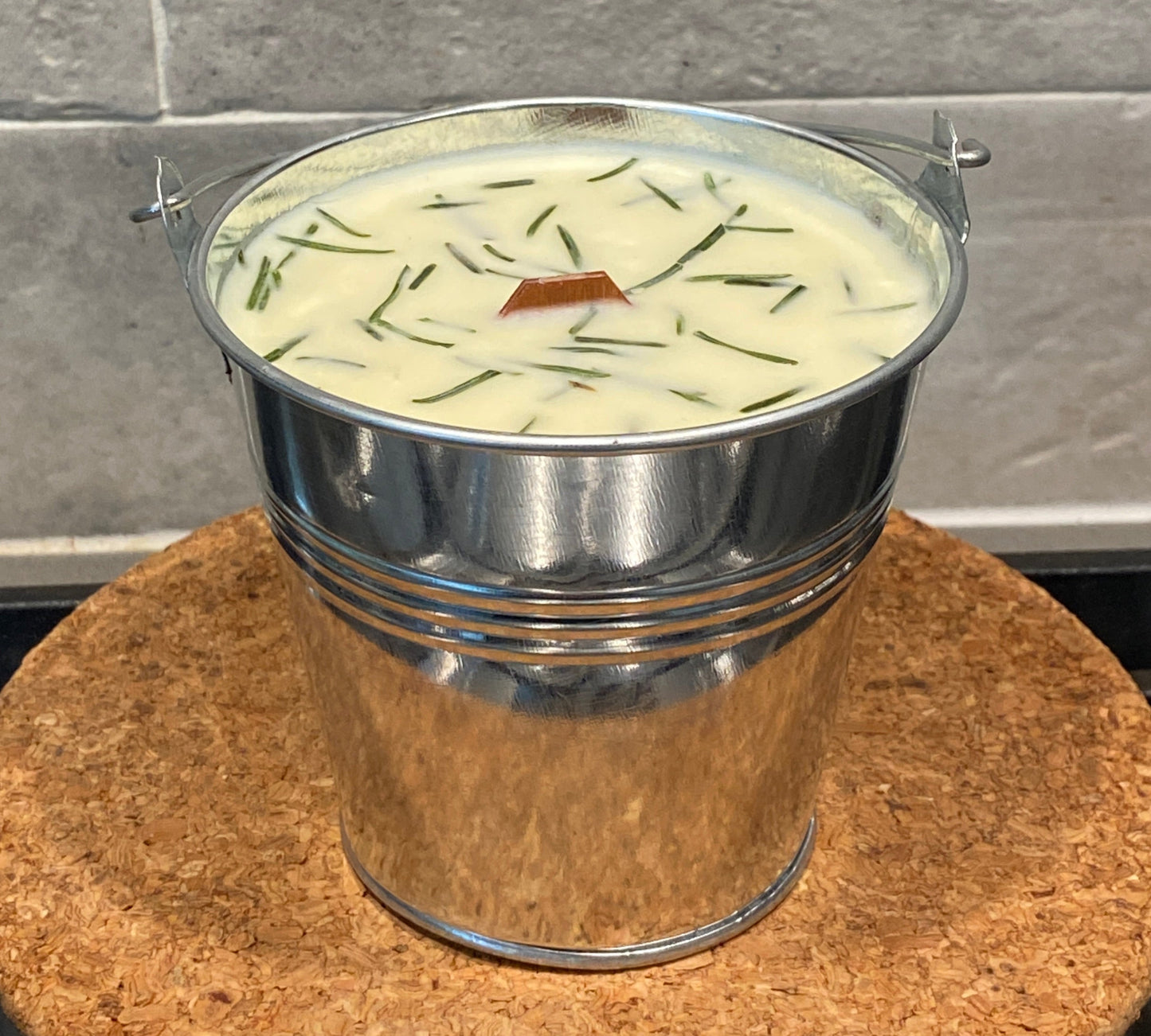 SOY CANDLE Fir Needle Natural Galvanized Pail 12 oz. with Wooden Wick - P12N
