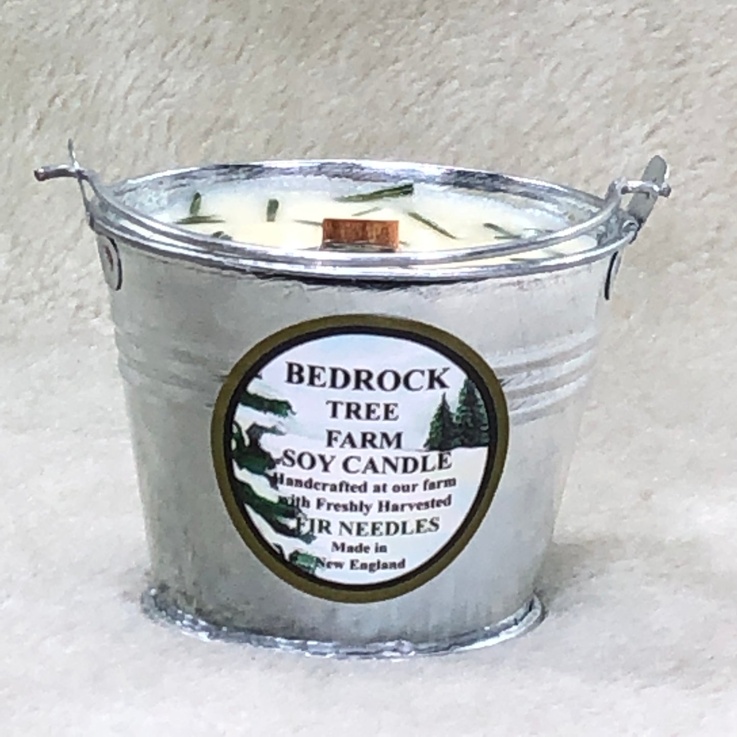 SOY CANDLE Fir Needle Natural Galvanized Pail 3 oz. Wooden Wick - P3N