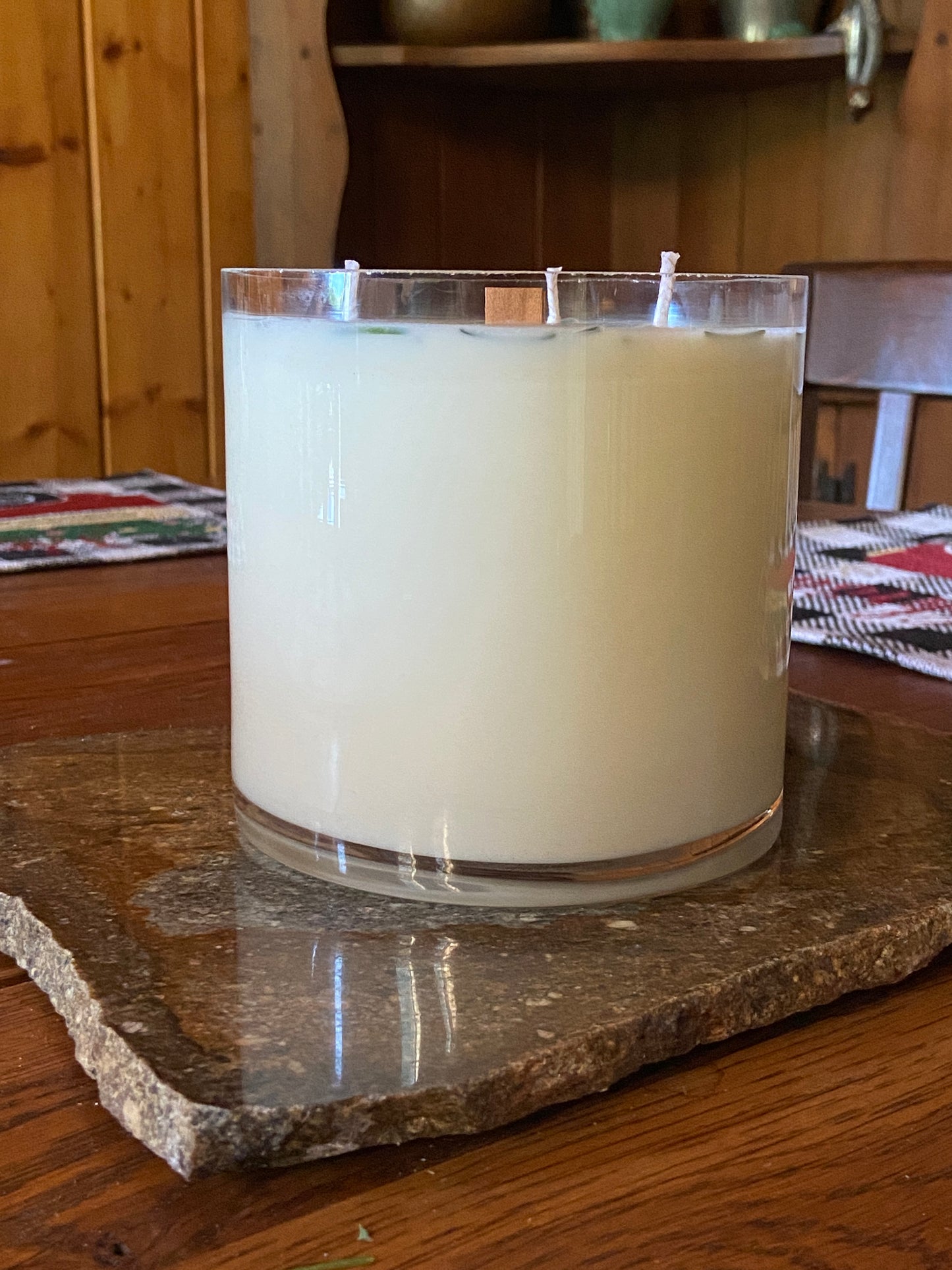 SOY CANDLE - Fir Needle Natural VASE - 32 oz. with one wooden center wick and 3 outer cotton wicks - V32N