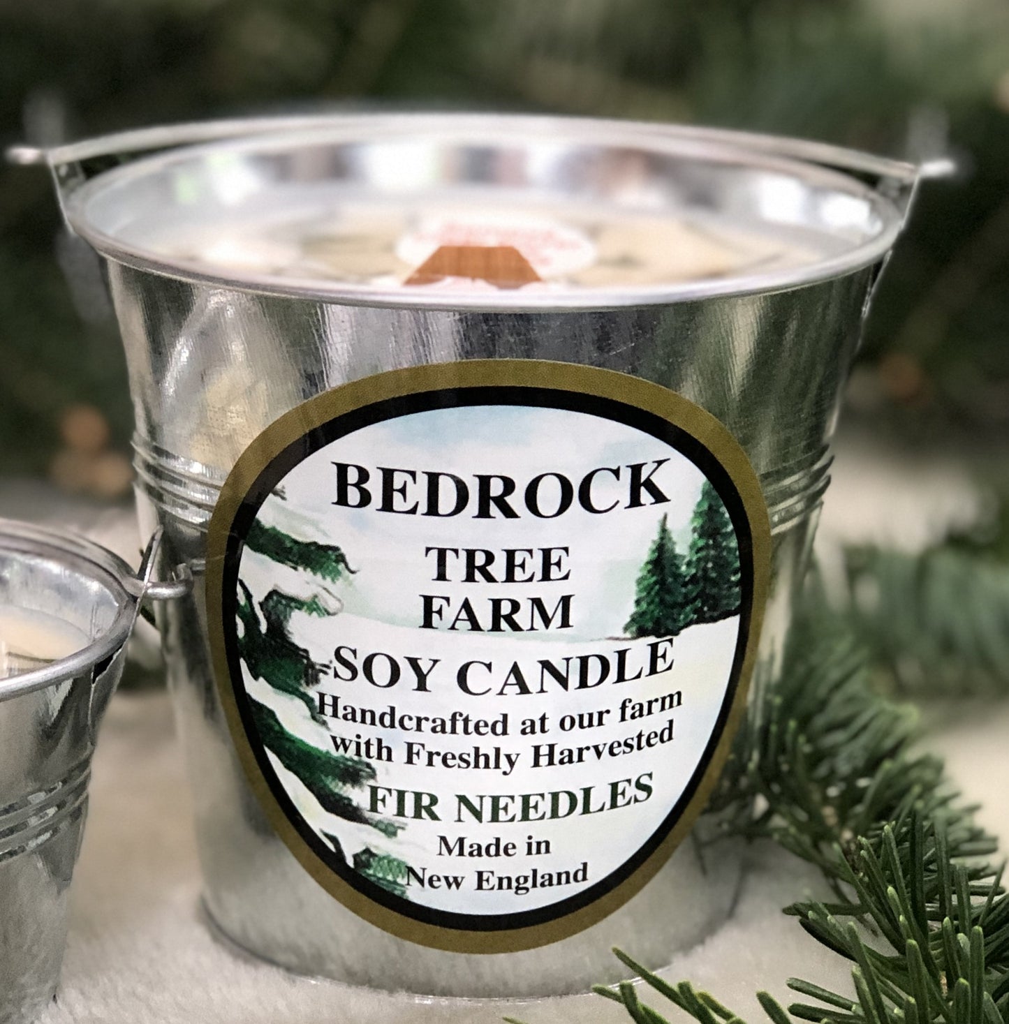 SOY CANDLE Fir Needle Natural Galvanized Pail 12 oz. with Wooden Wick - P12N